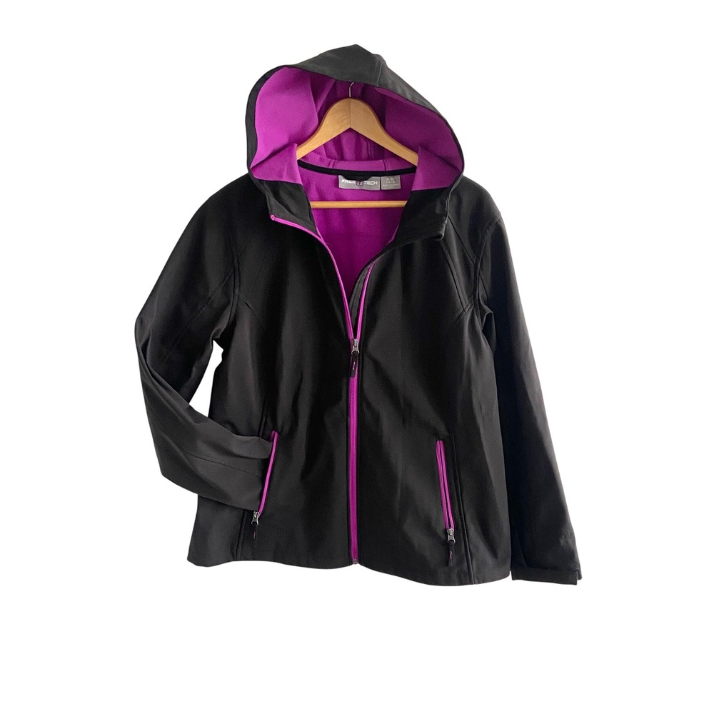 Free Tech Womens Softshell Jacket Black Purple Fleece Lined Hooded XL 16-18